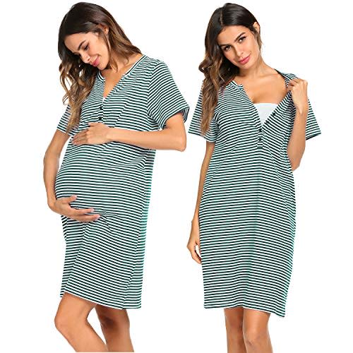 Ekouaer Nursing Nightgown Striped Women Short Sleeve Breastfeeding Sleep Dress Maternity Delivery/Labor Gown