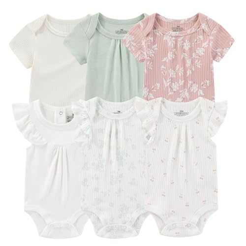 Ruliby Baby Bodysuit 6 Pack Soft Mixed Ribbed Short Sleeve Romper Infant Boy Girl Clothes Set