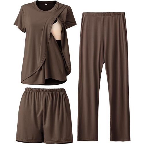 Rnxrbb 3 Piece Postpartum Nursing Pajamas Set Casual Soft Maternity Breastfeeding Pjs Sleepwear Loungewear Clothes Layer