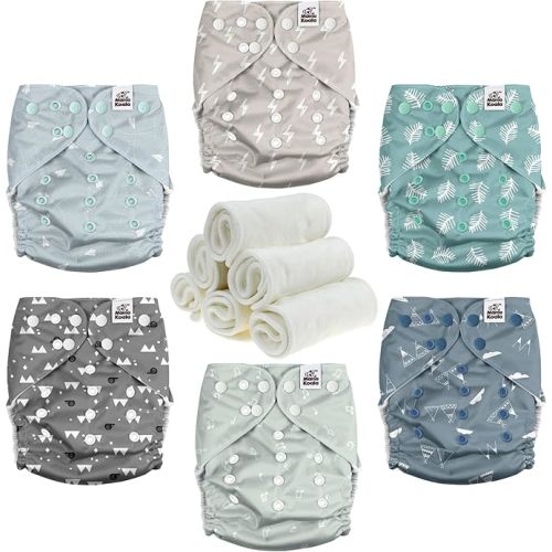 Mama Koala 3.0 Pocket Cloth Diapers for Babies with Suede Cloth Lining, 6 Pack with 6 4-Layer Natural Cloth Diaper Inserts - Reusable and Washable Pocket Diapers(S-The Gray Sky)