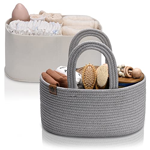 PeraBella 2-in-1 Baby Diaper Caddy Organizer for Changing Table, Cotton Rope Diaper Basket for Boy, Girl, Gift for Baby Shower,Nursery Diaper Organizer, Portable Diaper Storage, Car Caddy Organizer