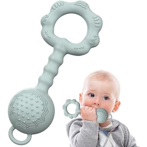 Teethers for Babies 0-6 Months, Rattles for Babies 6-12 Months, 2-in-1 Rattle and Teether Toy for Soothing Sore Gums and Keeps Little Ones Entertained, Food Grade Silicone, Gray