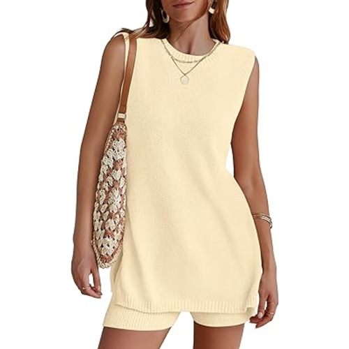 NENONA Women's Summer Sleeveless Sweater Lounge Sets Casual Loose Fit Tunic Tops and Shorts 2 Piece Beach Vacation Outfits