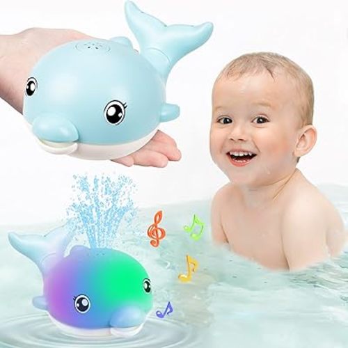 Baby Bath Toys, 2025 Upgraded Magnetic Charging Toddler Bath Toys for Kids Ages 1-3, Light Up Dolphin Bath Toy Sprinkler, Birthday Gifts Infant Baby Toys 6-12-18 Months- Blue
