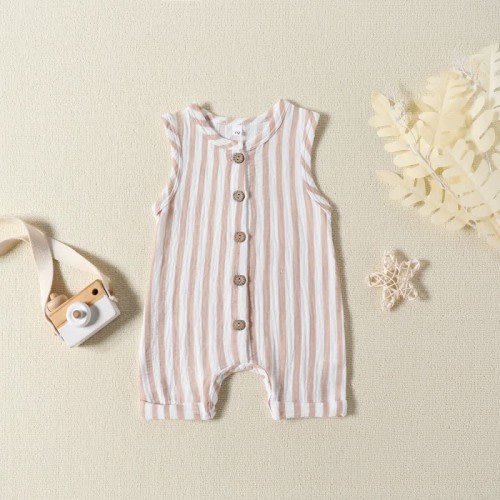Baby Button Vertical Striped Sleeveless Romper