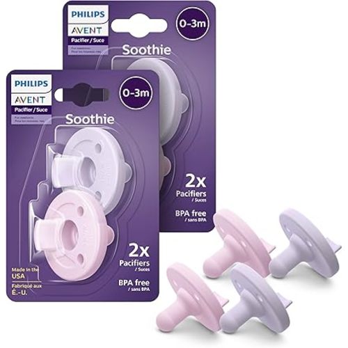 Philips Avent Soothie Orthodontic Baby Pacifiers, 100% Silicone Pacifiers, One Piece, BPA-Free, For Babies 0-3 Months, 2 Lilac and 2 Pink, 4 Pack, Model SCF190/70