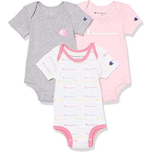 Champion 3-Pack Short Sleeve Baby Bodysuit, Gender Neutral Baby Clothes Infant Clothing, Multiple Colors/0-6M