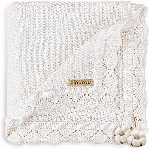 Knitted Baby Blanket for Boys & Girls, 100% Cotton Receiving Swaddle Crib & Stroller Blanket for Newborns, Infants, Toddlers, Milk White, 40 x 31 Inches