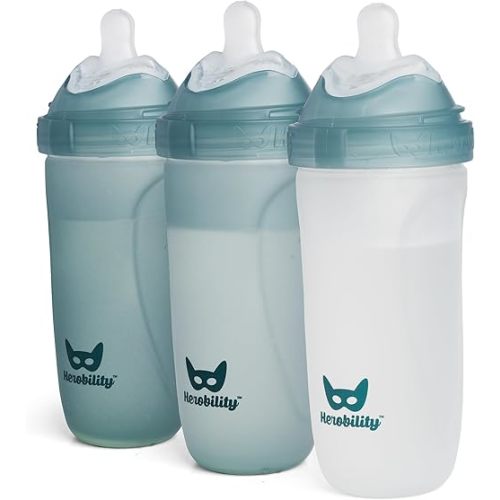Herobility Glass Baby Bottle - 11 fl oz/320 ml - 3 Pack | Heat Sensing Color-Changing Bottle with Double Anti-Colic Nipple - Silicone Coating - Breastlike Nipples for Newborn Babies - Teal Color