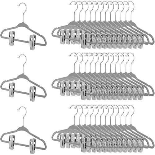 Soaoo 100 Pcs Baby Velvet Clips with 50 Baby Velvet Hangers, Pants Hangers Strong Finger Clips, Non Slip Kids Hanger for Kids, Toddler, Children's Closet & Nursery Closet (Grey)