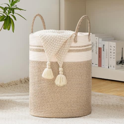 YOUDENOVA Laundry Hamper Basket with Linen Lid, Woven 58L Tall Laundry Basket for Blanket Organizer- Nursery Hamper for Bedroom Storage