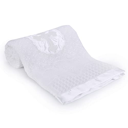 Booulfi Baby Blankets Neutral Child of God Blanket White Christian Baby Blanket with Satin Trim Cross Embroidery Babies Shawl,Size 36x37