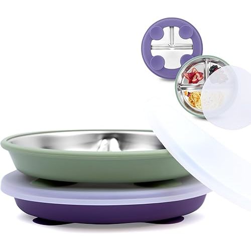 Stainless Steel Toddler Suction Plate with Lid, Deeper 9" Divided Plates with Removable Silicone Sleeves for Kids, Non Toxic & BPA Free | Unbreakable Baby Snack Dishes Set of 2, Green & Purple