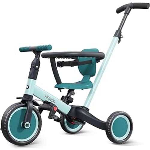 newyoo TR008 Toddler Push Tricycle, Toddler Bike for 1-3 Years Olds, Birthday Gift for Boys & Girls, 5 in 1 Balance Bike with Handle, Kids Trike with Safe Bar, Green