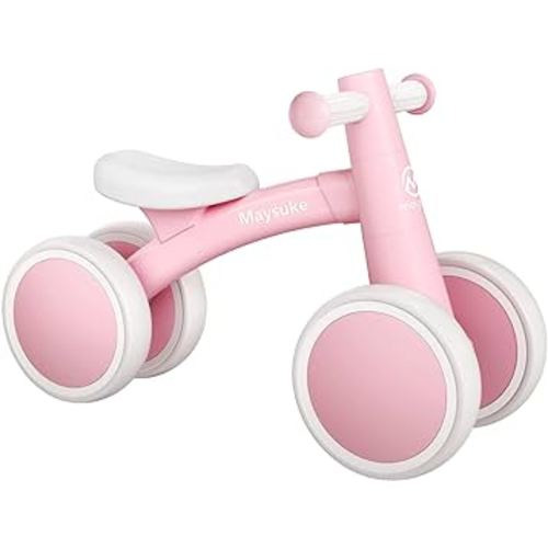 Maysuke Baby Balance Bike Toys for 1 Year Old Boys and Girls Gifts, Toddler Bike 10-24 Month First Birthday Gift with 4 Wheels, No Pedal (Baby Pink)