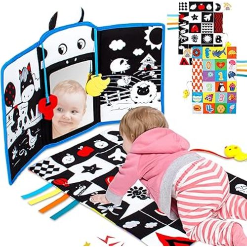 Teytoy Tummy Time Mirror & Mat - Newborn Toys (0-3 Months), Black & White High Contrast Pattern, Baby Teether & Sensory Development Toys