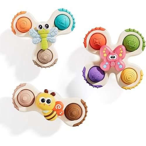 ALASOU 3PCS Pop Suction Cup Spinner Sensory Airplane Travel Toys for 1 Year Old Boy Girl Infant Toddlers|Novelty Spinning Tops 12 18 Months|1 2 Year Old Boy Birthday Gift|Baby Bath Toy Kids Ages 1-3