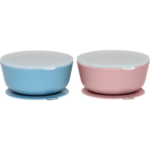 WeeSprout Suction Bowls for Baby & Toddlers (Set of 2) - 100% Silicone w/Plastic Lid - Leak Proof Feeding Supplies - Dishwasher & Microwave Safe Infant Dinnerware w/Extra Strong Base