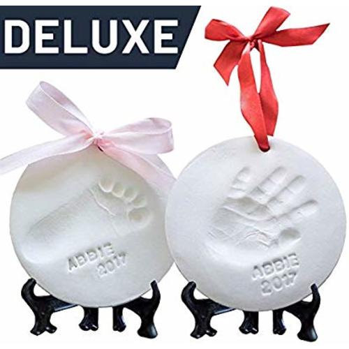 Baby Ornament Keepsake Kit (NEWBORN BUNDLE) 2 EASELS, 4 RIBBONS & LETTERS! Baby Handprint Kit and Footprint Kit, Clay Casting Kit for Baby Shower Gifts, Boys & Girls
