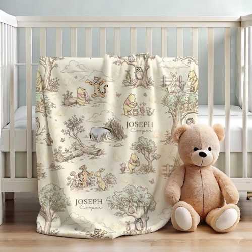 Personalized Classic Winnie the Pooh Baby Blanket, Custom Name Hundred Acre Wood Nursery Decor, Vintage Pooh and Friends Minky Blanket