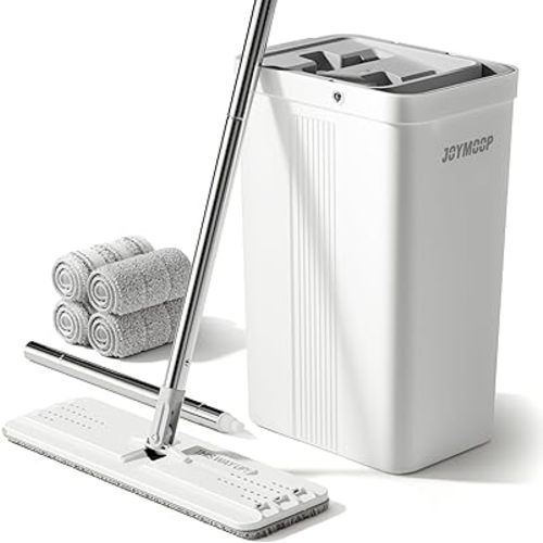 JOYMOOP Mop and Bucket with Wringer Set, White Flat Squeeze Mop Bucket Set for Floor Cleaning, Wet Dry Mop for Wall Cleaner with Long Handle, Hardwood Floor Mop with 4 Microfiber Cloths