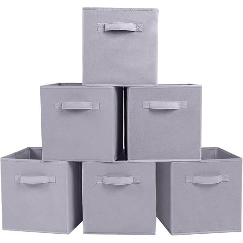 PowerKing Collapsible Storage Cubes with Handles, Fabric Foldable Bins for Closet Shelves, Durable Organization Storage Bins, 10.5'' x 11'' x 10.5'', 6 Pack, Light Grey