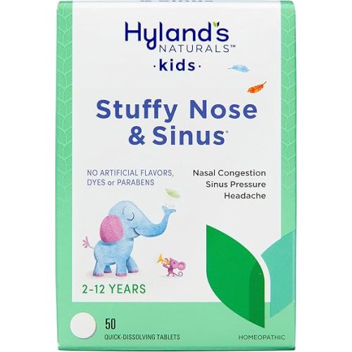 Hyland's Kids Stuffy Nose & Sinus Tablets, Cold & Allergy Medicine for Children Ages 2+, Headache Relief & Nasal Decongestant, Quick Dissolving Tablets, 50 Count