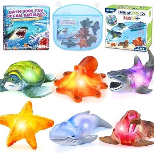 6 Pack Light Up Bath Toys & Magic Bath Book & Storage Bag for Toddler, No Hole Floating Ocean Animal with LED Flashing Colors, Glow Sensory Bathtub Toy for Kid, Water Table Toy, Gift for Boy Girl