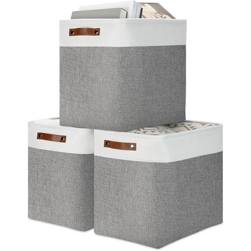 DULLEMELO Storage Baskets 17 inch Large Basket for Blanket Living Room, Foldable Storage Bins Baskets for Organizing [3 Pack] Blanket Storage Baskets Organizer for Home,Office,Closet(White&Grey)
