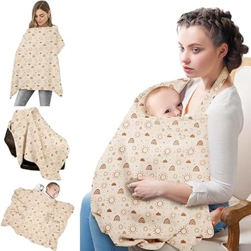 MEXXI Muslin Nursing Covers for Breastfeeding, Breastfeeding Cover with Arch Neckline,100% Cotton Breathable and Lightweight Privacy Nursing Apron 43 * 30 Inch (Beige)