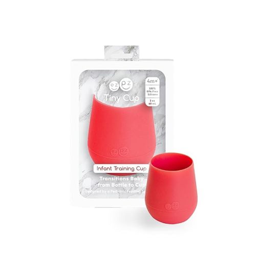 ezpz Tiny Cup (Coral) - 100% Silicone Training Cup for Infants - 4 months + - Designed by a Pediatric Feeding Specialist - Baby-led Weaning Essentials & Baby Gifts
