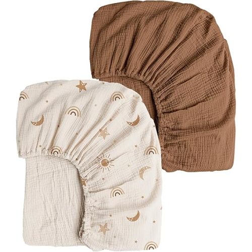 Konssy Muslin Crib Sheets for Girl Boy, 2 PCS Soft and Breathable Cotton Baby Sheets for Standard Crib Mattress, 52"x 28" (Sunbeam Yellow, Coffice)