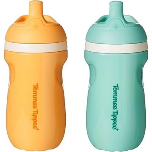 Tommee Tippee Insulated Sporty Bottle, 9oz, No Spill Toddler Water Bottle For 12 months +, Two-Piece Valve Helps Stop Spills, Pack of 2, Light Blue and Orange