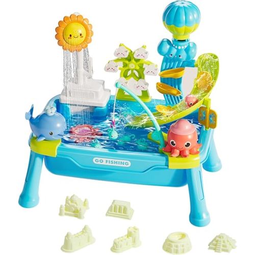 CUTE STONE Water Table for Toddlers with Electric Water Pump, Slides, Sand Molde, Play Sink, Fishing Game Table Summer Beach Outdoor Toys for Boys & Girls