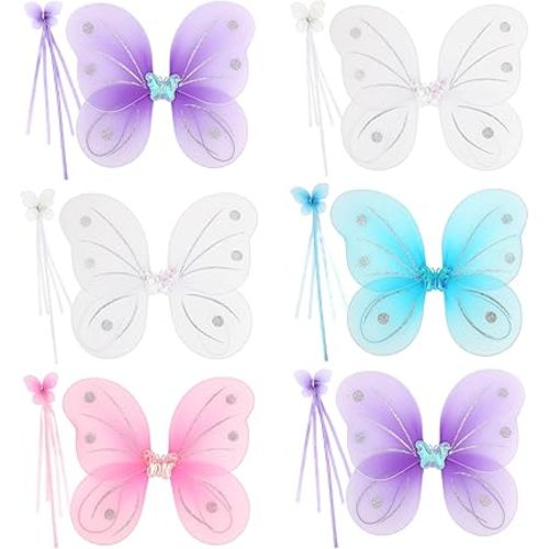 kilofly 6 Sets Angel Butterfly Wings Fairy Wands Princess Dress Up Costume