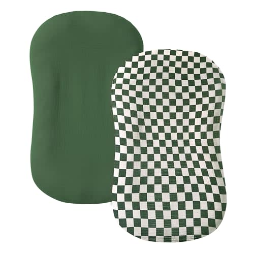 guruixu Muslin Baby Lounger Cover 2 Pack, 100% Cotton Infant Lounger Cover, Soft & Breathable Replacement Slipcover, Compatible with Snuggle Me Newborn Lounger (Olive Check,Olive Green)
