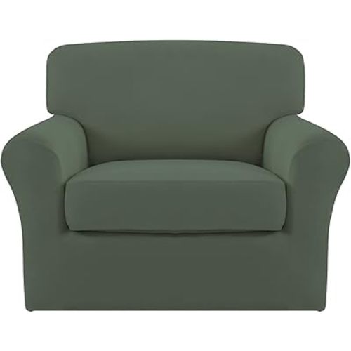 Easy-Going 2 Pieces Microfiber Stretch Chair Slipcover – Spandex Soft Fitted Sofa Couch Cover Washable Furniture Protector with Elastic Bottom Kids Pet Greyish Green