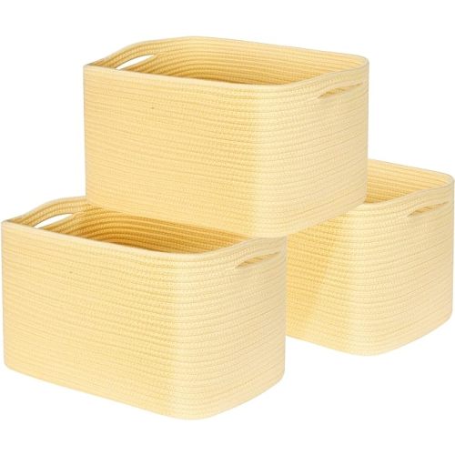 3-Pack Decorative Woven Storage Baskets for Shelves, Cube Bin Box for Organizing Books, Shoes, Dog Toys, Pantry Closet and Living Room Organizer, Yellow