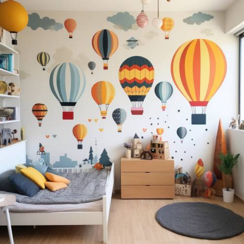 Colorful Hot Air Balloon Wall Stickers - Playful Skyward Journey Wall Decor Decals for Kids' Room with Clouds