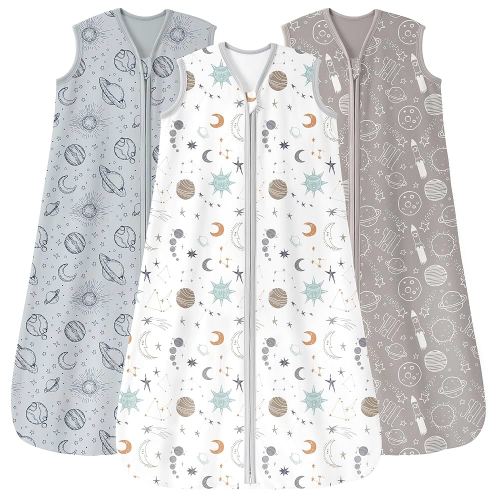 Baby Sleep Sack 6-12 Months 3 Pack 100% Cotton Lightweight 0.5 TOG Wearable Blanket Baby Sleep Bag with 2-Way Zipper for Newborn Infant White Gray Blue Space