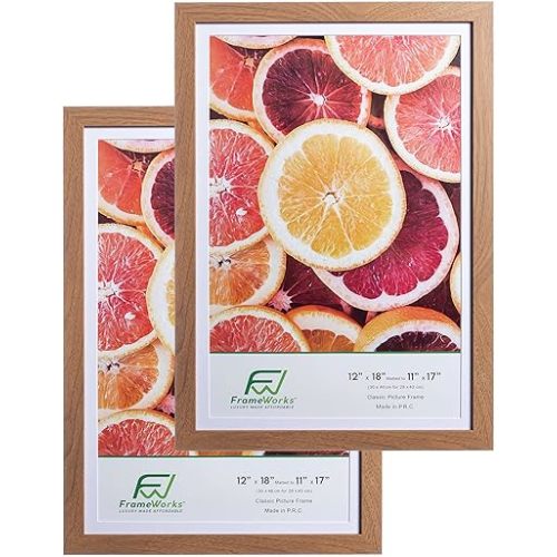 FrameWorks 2-Pack, 12x18 Matted to 11x17 Picture Frame, Golden Oak – Classic Wooden Photo Frame with Tempered Glass, Modern Matte Finish for Prints, Posters, Certificates & Wall Decor – Gallery-Ready