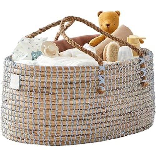 BEBE BASK Baby Diaper Caddy Organizer - Handmade Organic Seagrass - Luxury Blue Diaper Caddy Basket - Diaper Caddy Light Blue - Diaper Caddy For Baby Boy (Dove)
