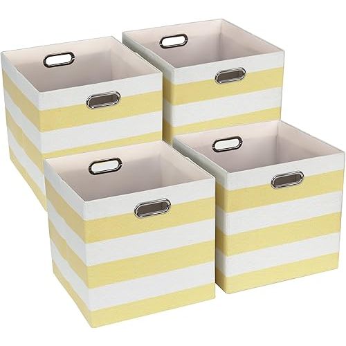 13 Inch Cube Storage Bins, Collapsible Fabric Storage Cubes, Cubby Storage Organizer Bins Striped Container Baskets for Organizing Home Office Wardrobe Closet Shelf, Pack of 4, Yellow/White