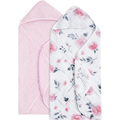 david's kids 2 Pack Hooded Baby Towels, 100% Muslin Cotton Baby Bath Towels, Ultra Soft Breathable Absorbent Towels for Infant Toddler and Kids, Newborn Essentials, Large 32x32Inch, Floral