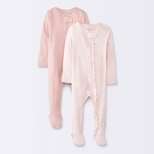 Baby Girls' 2pk Solid Wide Ribbed Sleep N' Play - Cloud Island™ Pink (Newborn)