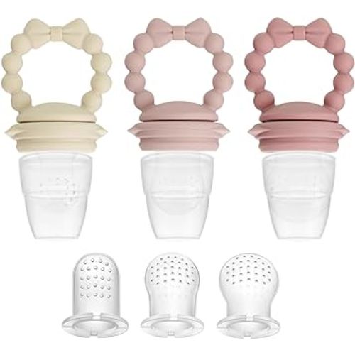 PandaEar 3 Pack Baby Fruit Food Feeder Pacifier with 3 Different Size Silicone Pouch, Silicone Teethers for Babies 3-6-12 Months, BPA Free Mesh Feeder, Baby Solid Food Essentials