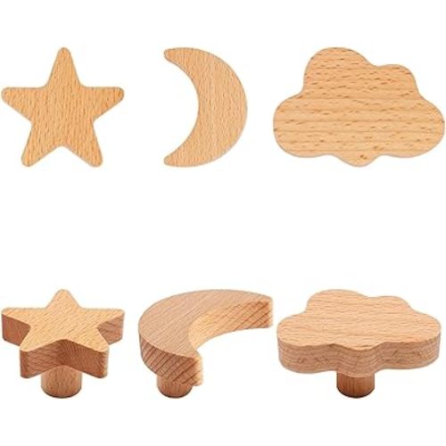 6pcs Wooden Cabinet Knobs, Star and Moon Shape Drawer Pulls Nursery Dresser Knobs Woodland Wooden Knob for Crafts Handles for Furniture Cupboard Closet Door (Moon Star Cloud)