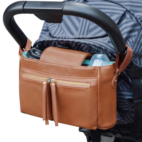 MOMINSIDE Organizer With Insulated Cup Holders, 10 Pockets Accessories Leather, Universal Stroller Caddy, Adjustable Straps, Zippered Pocket, Fit All Strollers (Brown)