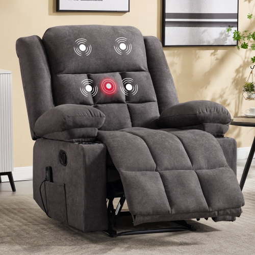 "Ebello Recliner Chair, Gray Fabric Manual Recliner with Heat, Massage, Cup Holders, Storage, 36.2""x39""x39.8"