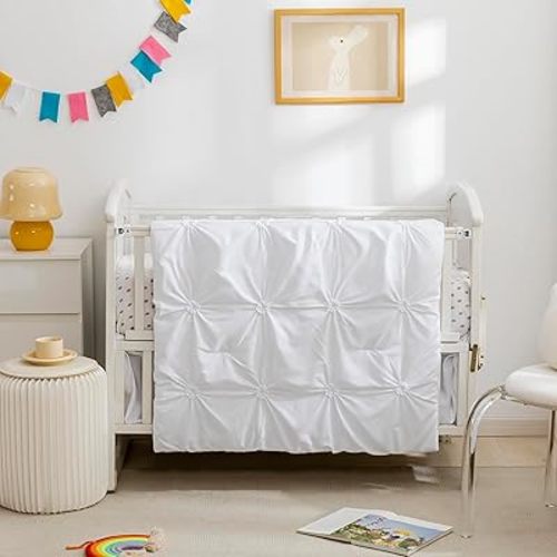 PINNKKU 3-Piece Crib Bedding Set for Boy Girls, Includes Crib Skirt, Blanket and Crib Sheet, Crib Baby Bedding, Pintuck Pinch Pleat White